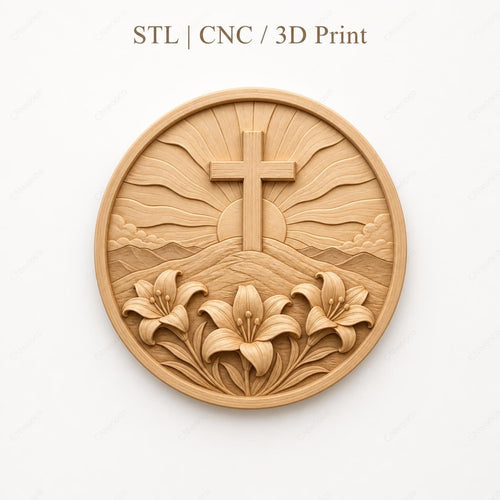 CNC & impression 3D relief croix chrétienne avec lys et soleil levant, fichier STL très haute qualité