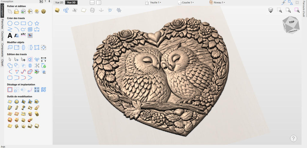 Fichier CNC cœur hibou – bas-relief romantique pour sculpture bois, décoration murale STL