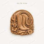 CNC & impression 3D bottes cowboy avec fer à cheval et cactus, fichier STL très haute qualité
