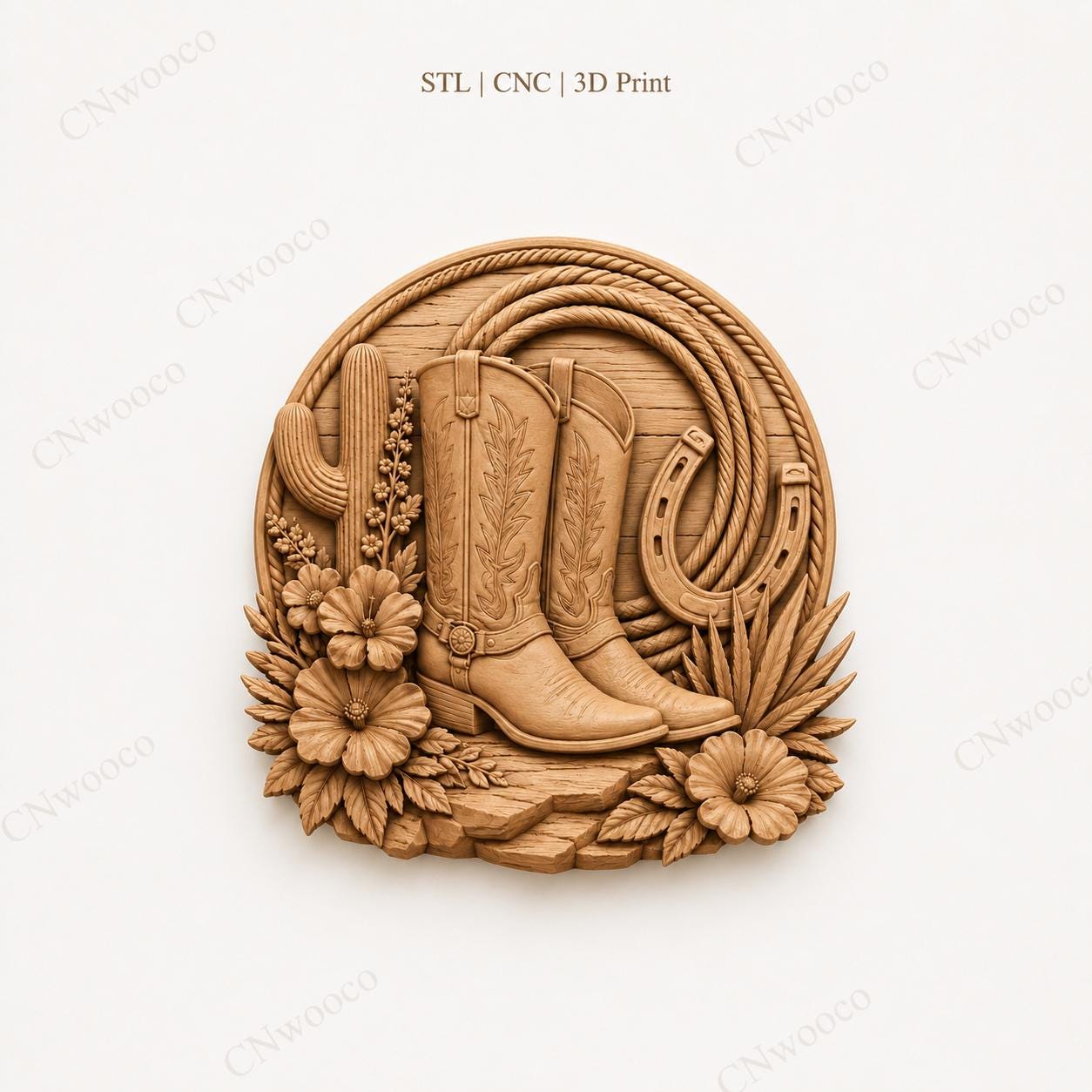 CNC & impression 3D bottes cowboy avec fer à cheval et cactus, fichier STL très haute qualité