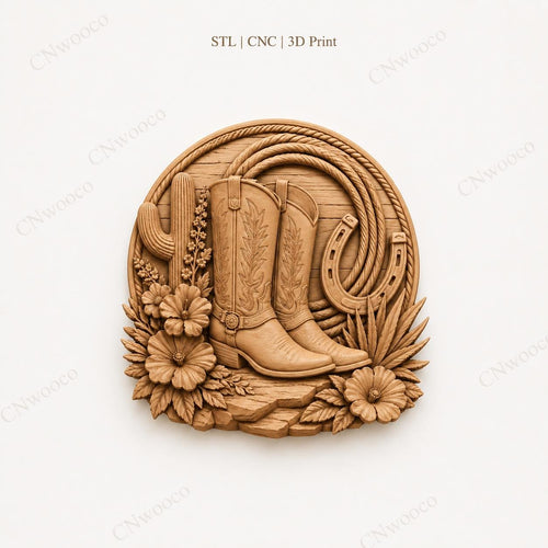 CNC & impression 3D bottes cowboy avec fer à cheval et cactus, fichier STL très haute qualité