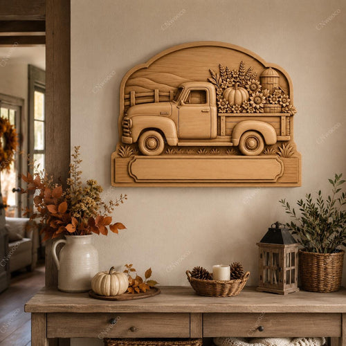 CNC & impression 3D relief pick-up vintage automne, fichier farmhouse pour gravure bois, STL de haute qualité, à personnaliser