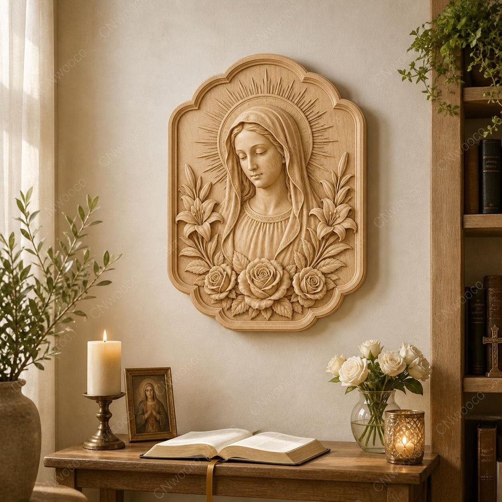 CNC & impression 3D Vierge Marie avec fleurs, STL haute qualité pour sculpture bois et relief religieux