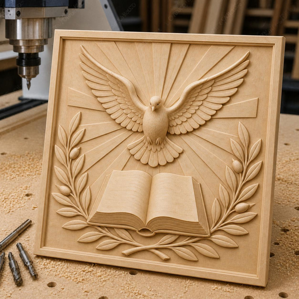 CNC & impression 3D relief colombe Saint-Esprit avec livre ouvert, fichier STL très haute qualité