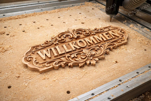 Fichier CNC panneau Willkommen (Bienvenue) – bas-relief ornemental pour sculpture bois, décoration murale STL