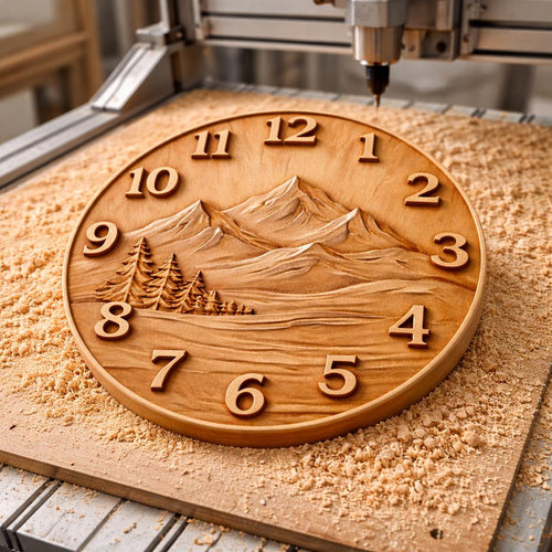 Fichier CNC horloge montagne – bas-relief paysage rustique pour sculpture bois, décoration murale STL