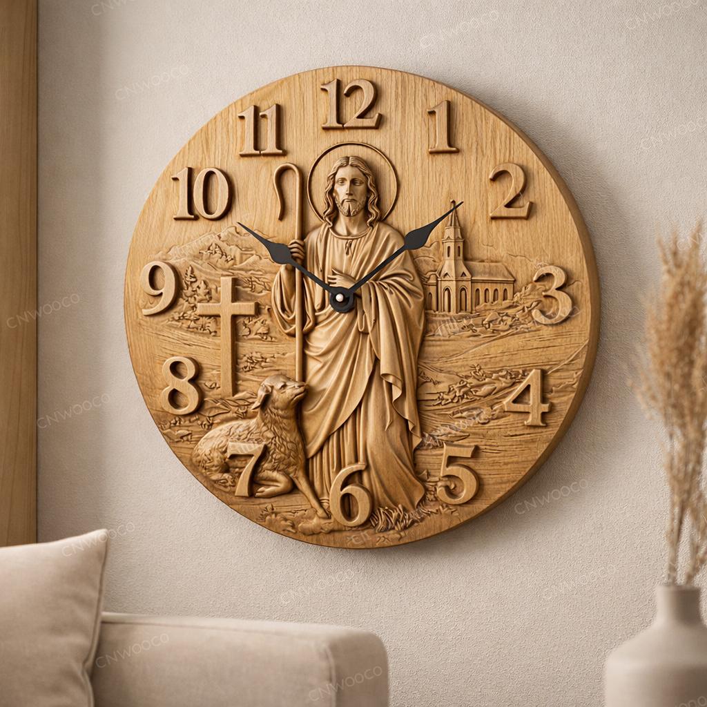 Fichier CNC horloge Jésus berger et brebis – bas-relief chrétien pour sculpture bois, décoration murale religieuse STL