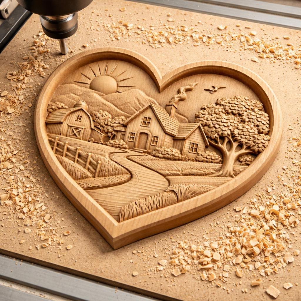 Fichier CNC cœur farmhouse romantique, bas-relief bois country, décoration murale rustique, modèle gravure 3D STL