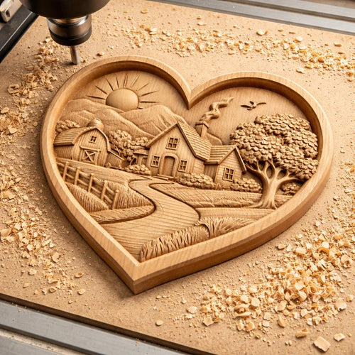 Fichier CNC cœur farmhouse romantique, bas-relief bois country, décoration murale rustique, modèle gravure 3D STL