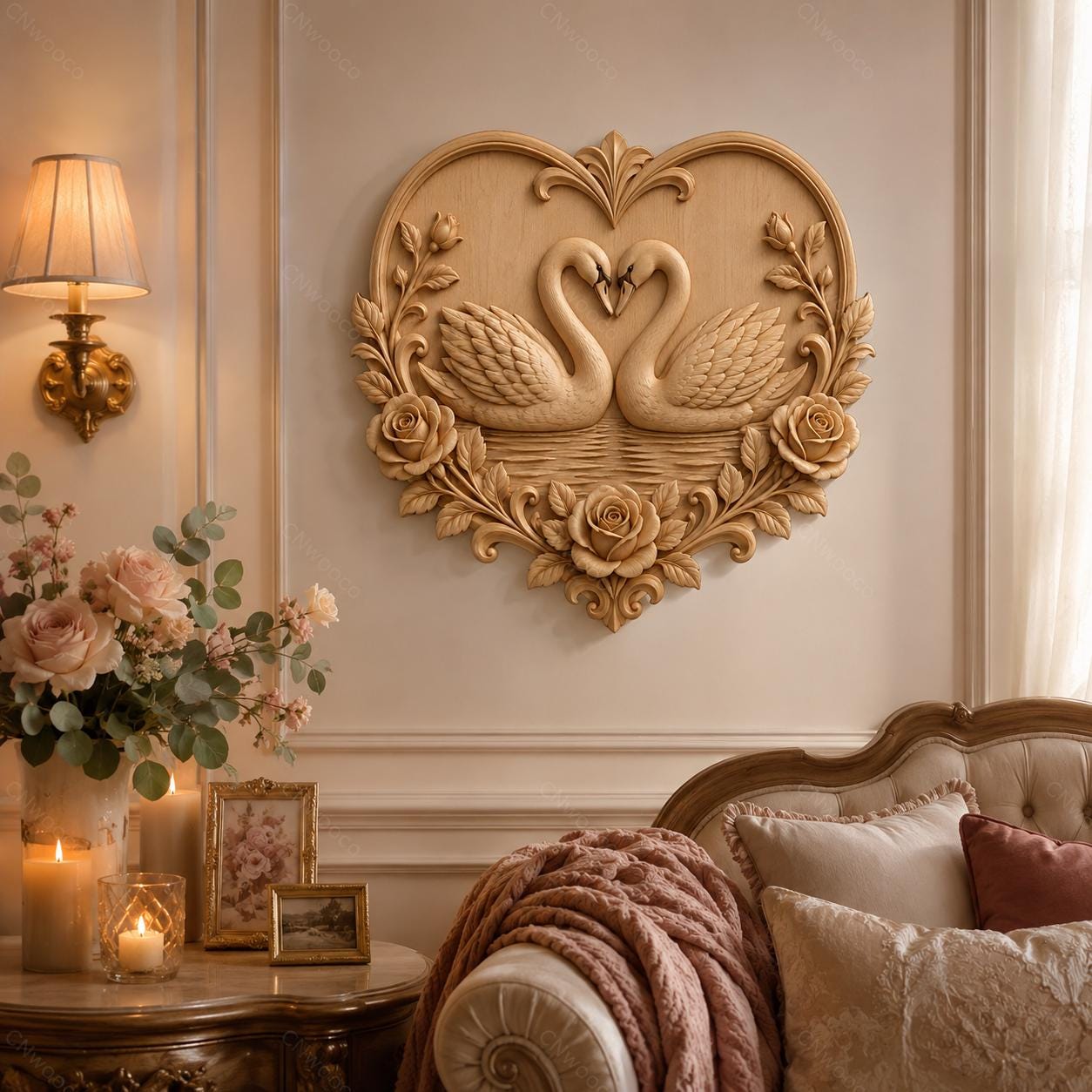 CNC & impression 3D cygnes amoureux dans cœur avec roses, fichier STL très haute qualité