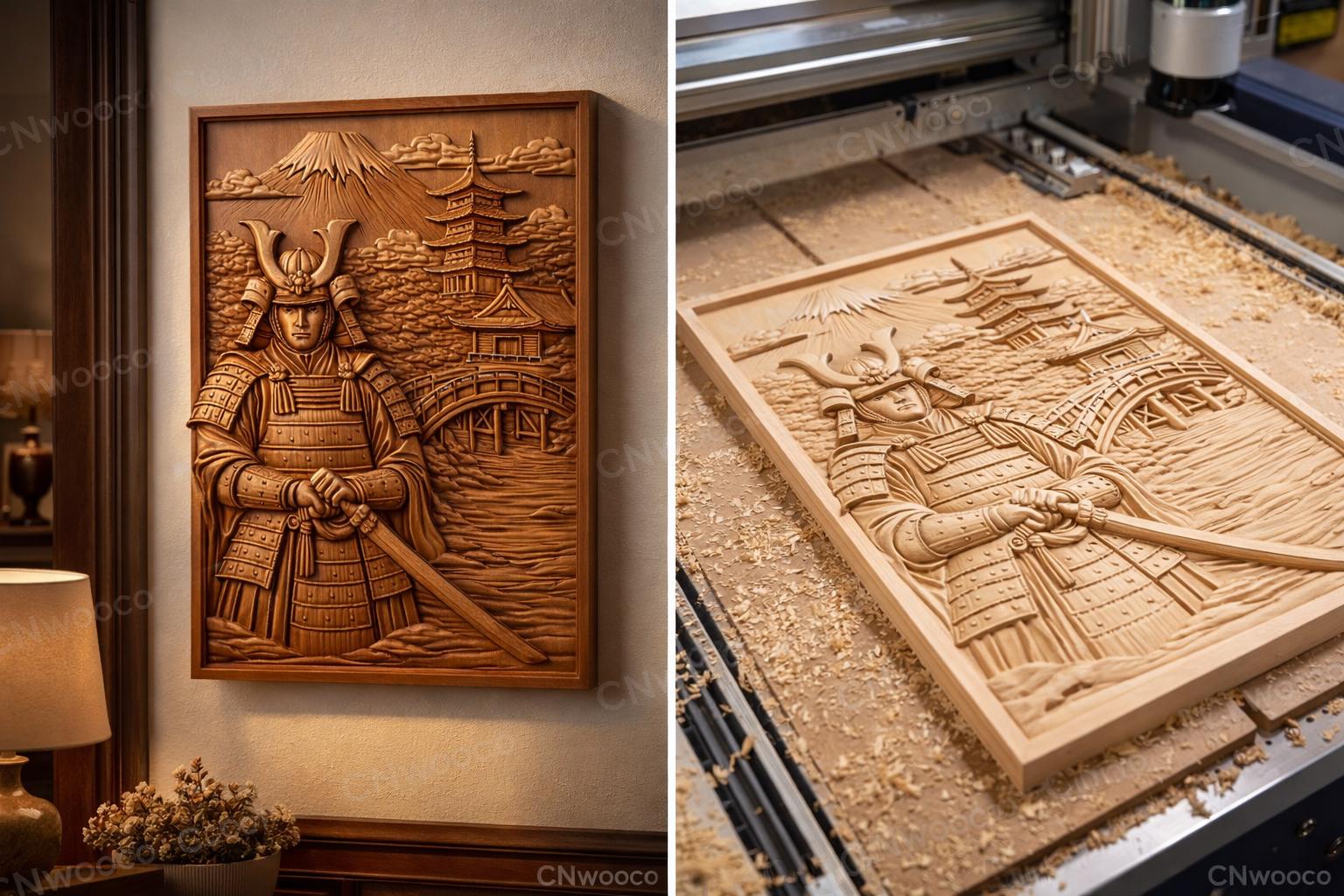 Fichier CNC samouraï guerrier japonais, bas-relief paysage temple, décoration murale asiatique, panneau sculpture, modèle gravure 3D STL