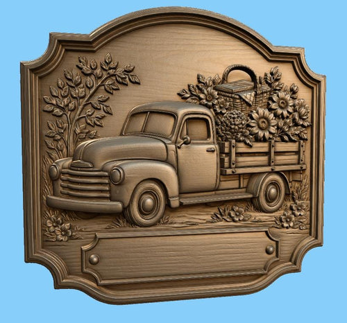 CNC & impression 3D relief pick-up vintage fleuri, fichier pour gravure bois, STL de haute qualité, à personnaliser