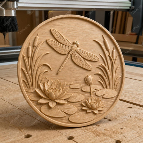 CNC & impression 3D relief libellule avec lotus et nénuphars, décor nature, fichier STL très haute qualité