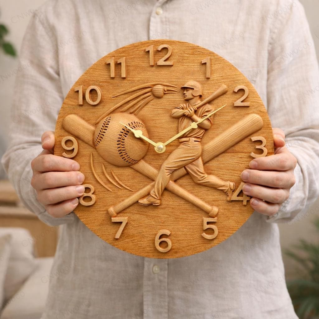 Fichier CNC horloge baseball – bas-relief sport pour sculpture bois, décoration murale STL