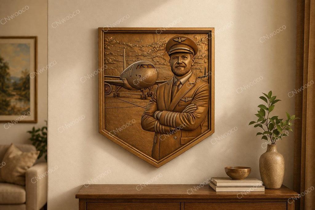 CNC-Datei Flugzeugpilotschild – Luftfahrt-Basrelief für Holzschnitzereien, Flieger-Wanddekoration und Pilotengeschenk STL