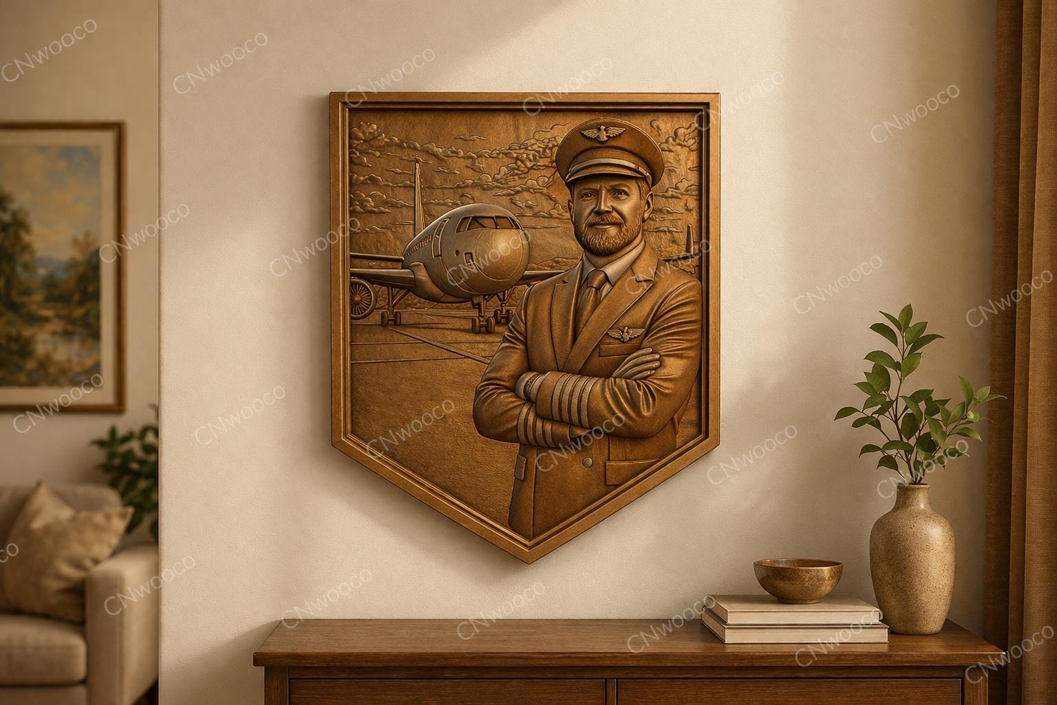 CNC-Datei Flugzeugpilotschild – Luftfahrt-Basrelief für Holzschnitzereien, Flieger-Wanddekoration und Pilotengeschenk STL