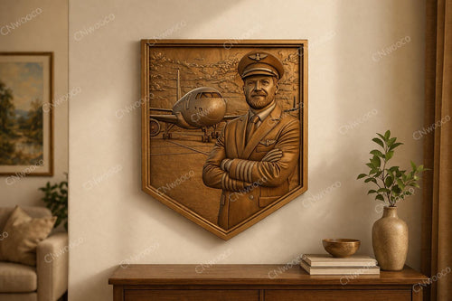 Fichier CNC bouclier pilote avion – bas-relief aviation pour sculpture bois, décoration murale aviateur et cadeau pilote STL