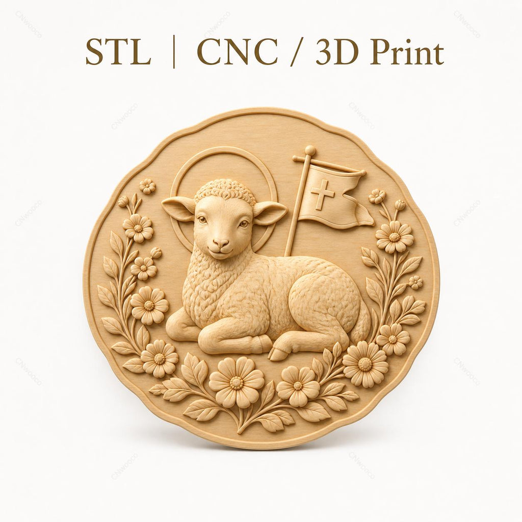 CNC & impression 3D relief agneau chrétien avec fleurs, fichier STL très haute qualité