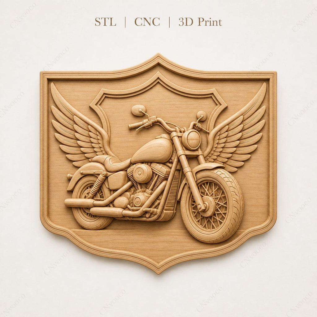 CNC & 3D-Reliefdruck Custom Motorrad mit Flügeln, Biker Garage Dekor, sehr hochwertige STL-Datei
