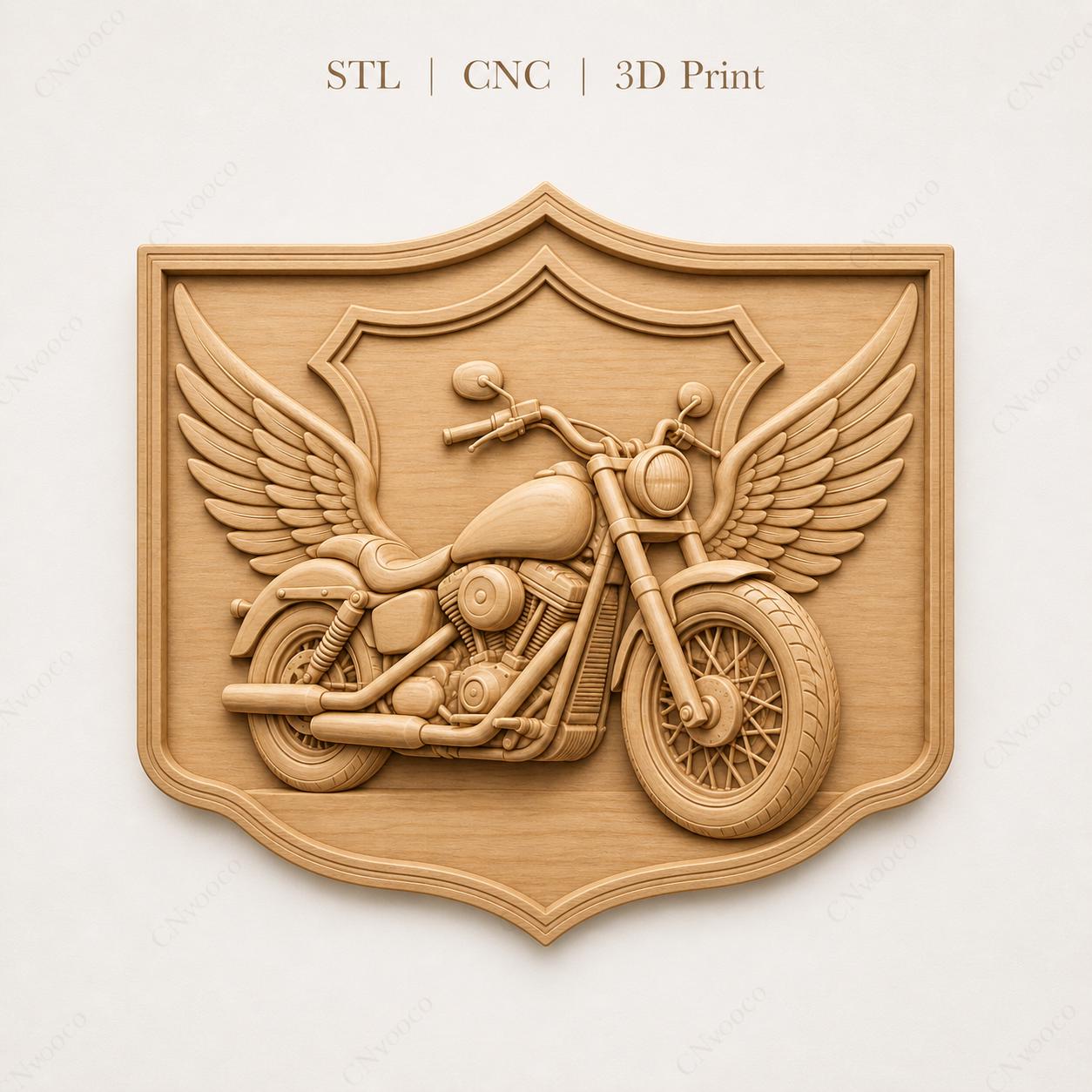 CNC & 3D-Reliefdruck Custom Motorrad mit Flügeln, Biker Garage Dekor, sehr hochwertige STL-Datei