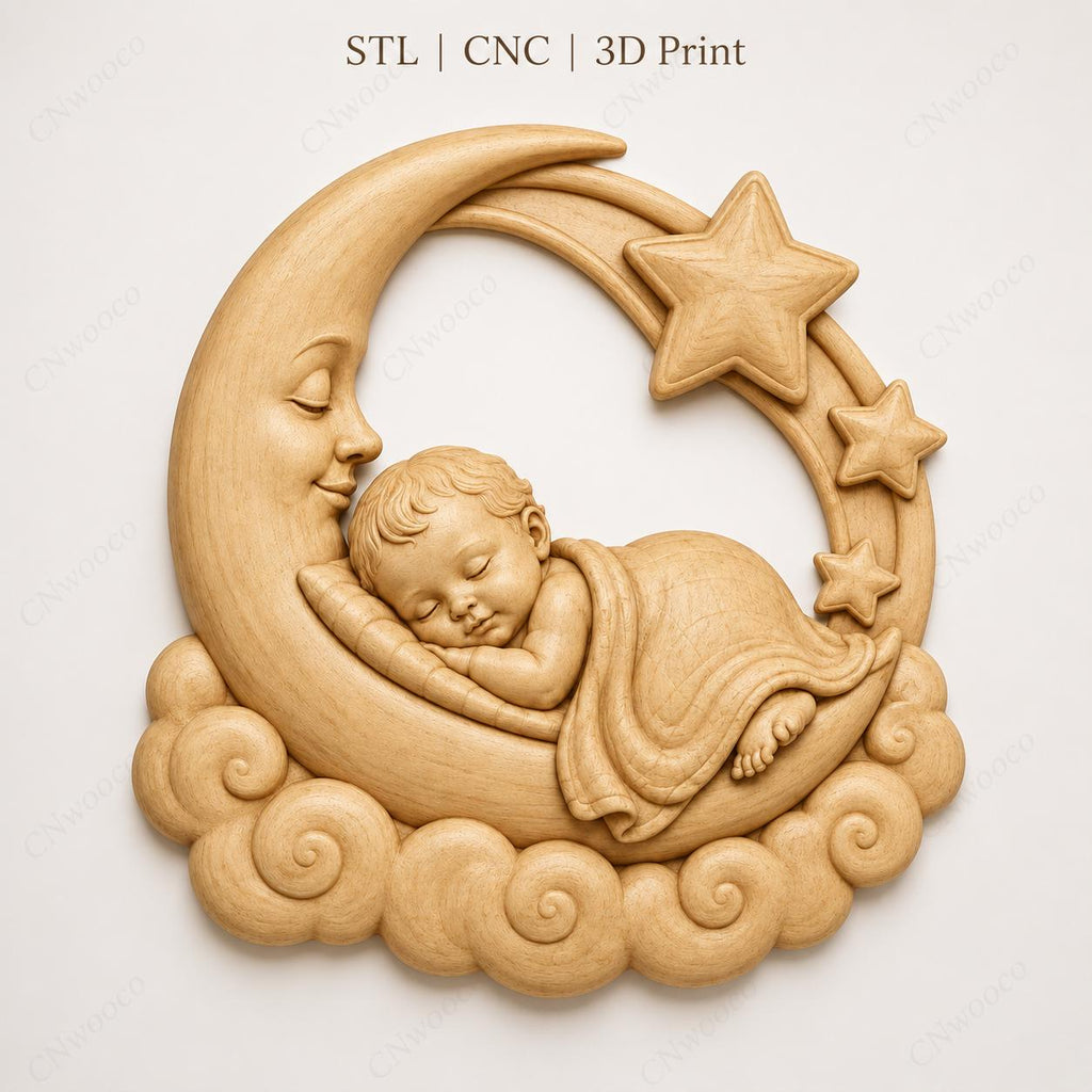 CNC & impression 3D bébé endormi sur lune avec étoiles, fichier STL très haute qualité