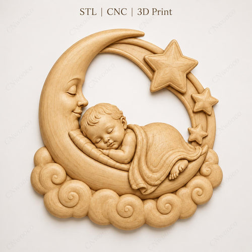 CNC & impression 3D bébé endormi sur lune avec étoiles, fichier STL très haute qualité