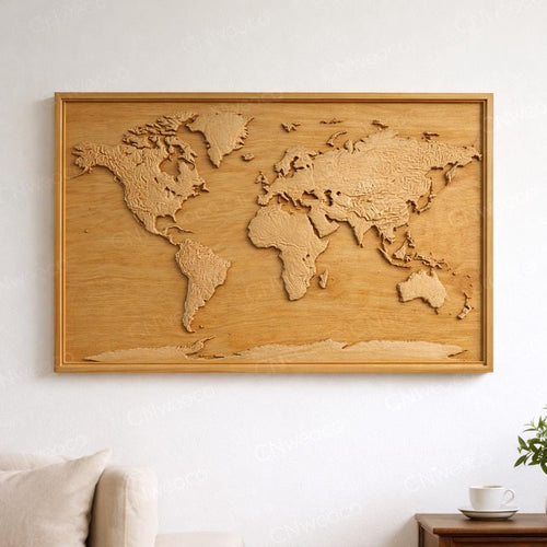Fichier CNC carte du monde, bas-relief bois géographique, décoration murale moderne, panneau carte, modèle gravure 3D STL
