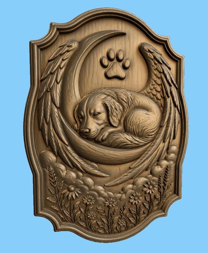 CNC & 3D-Druck Relief schlafender Hund mit Mond und Flügeln, Tiergedenkstück, STL-Datei sehr hohe Qualität
