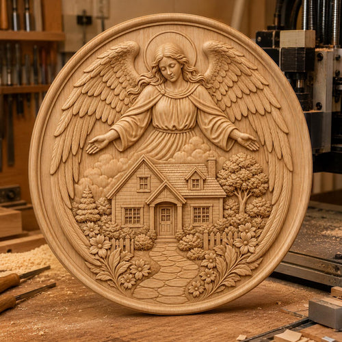 CNC & impression 3D relief ange protecteur avec maison, fichier STL très haute qualité