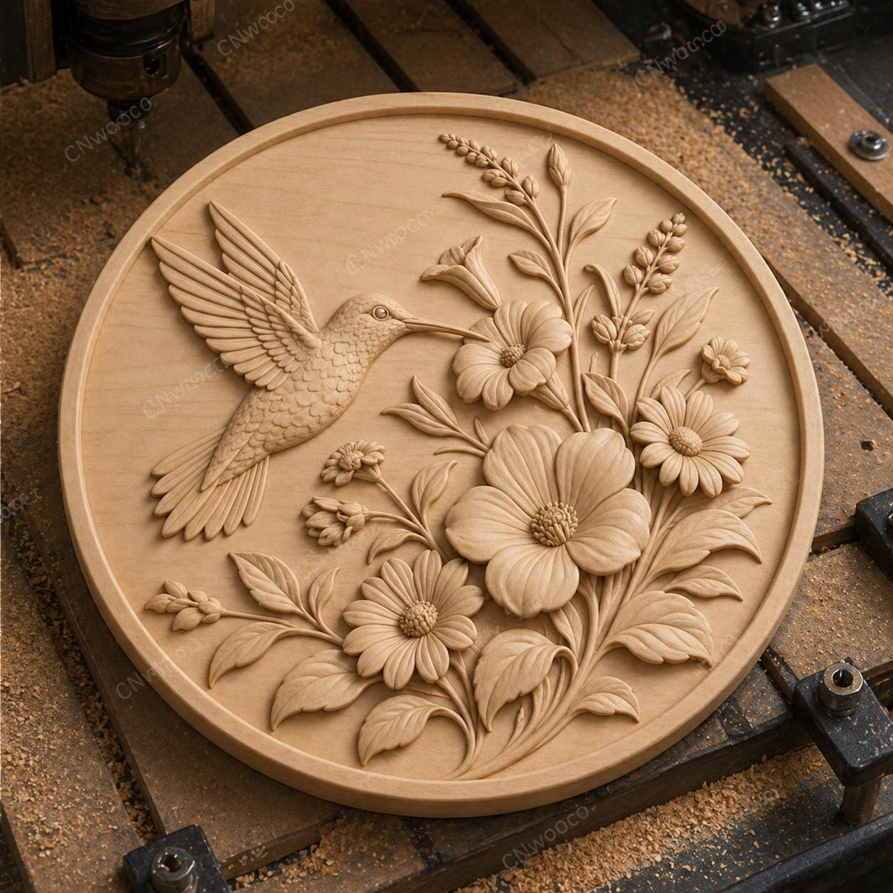 CNC & impression 3D relief colibri avec fleurs, décor floral nature, fichier STL très haute qualité