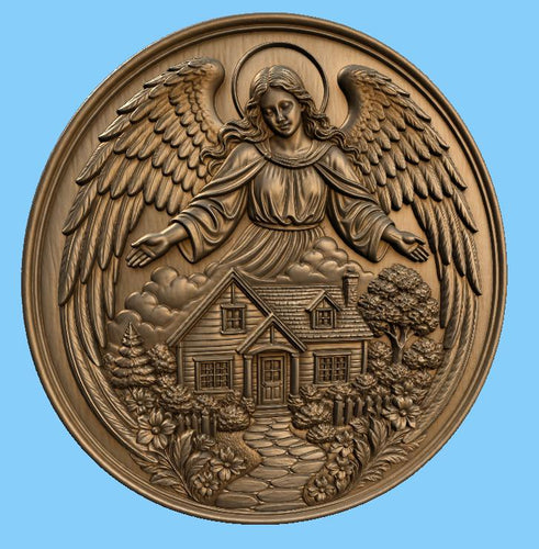 CNC & impression 3D relief ange protecteur avec maison, fichier STL très haute qualité