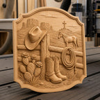 CNC & impression 3D relief western cowboy avec bottes, chapeau, corde et cheval, fichier STL très haute qualité