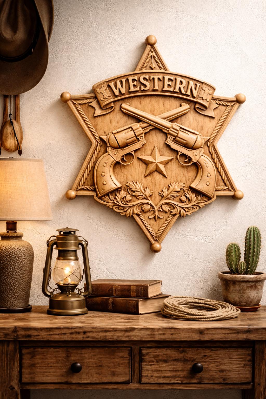 CNC-Datei Sheriffstern gekreuzte Revolver, Western Holzrelief, Cowboy Wanddekoration, Holzskulptur, 3D STL Gravurmodell