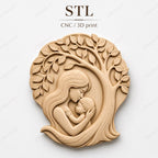 CNC- und 3D-Druck Relief Mutter und Baby unter Baum, Mutterschaftsdekor, sehr hochwertige STL-Datei