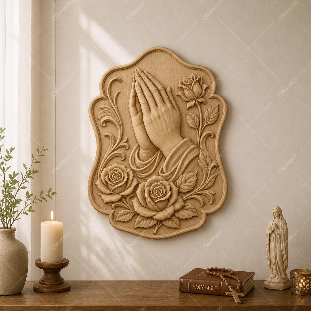 CNC & impression 3D relief mains en prière avec roses, décor religieux, fichier STL très haute qualité