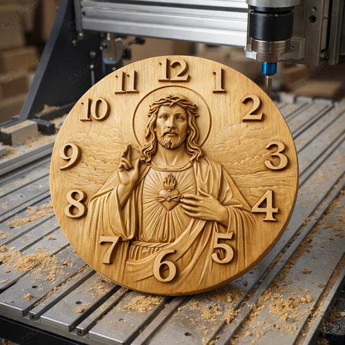 Fichier CNC horloge Jésus Sacré-Cœur – bas-relief chrétien pour sculpture bois, décoration murale religieuse STL