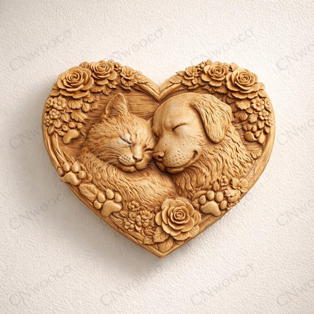 Fichier CNC & impression 3D cœur chat et chien – bas-relief mémorial pour animaux, décoration murale STL