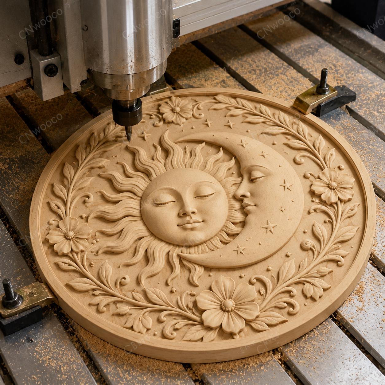 CNC & 3D-Druck Himmels-Sonnen- und Mondrelief mit Blumen, dekorative Datei für Holzgravur, hochwertiges STL