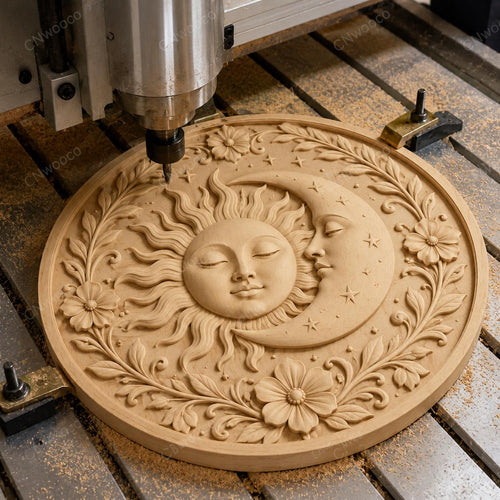 CNC & impression 3D relief soleil et lune céleste avec fleurs, fichier décoratif pour gravure bois, STL de haute qualité