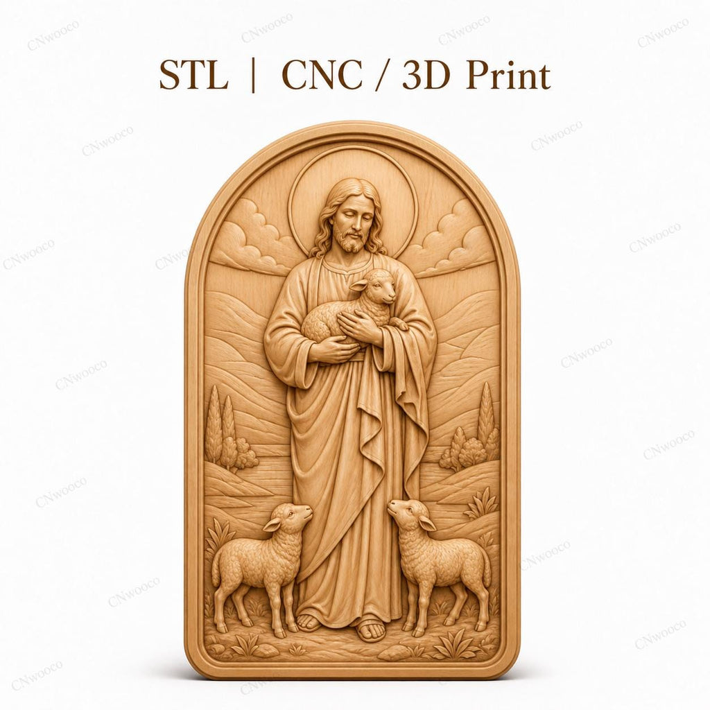 CNC & impression 3D relief Jésus Bon Berger avec agneaux, fichier STL très haute qualité