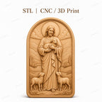 CNC & impression 3D relief Jésus Bon Berger avec agneaux, fichier STL très haute qualité