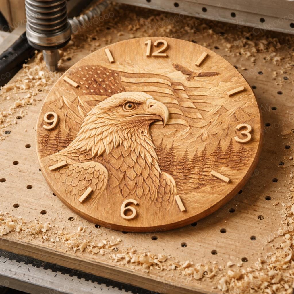 Fichier CNC horloge aigle drapeau USA, bas-relief bois patriotique, décoration murale américaine, sculpture horloge, modèle gravure 3D STL