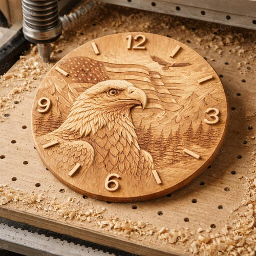 Fichier CNC horloge aigle drapeau USA, bas-relief bois patriotique, décoration murale américaine, sculpture horloge, modèle gravure 3D STL