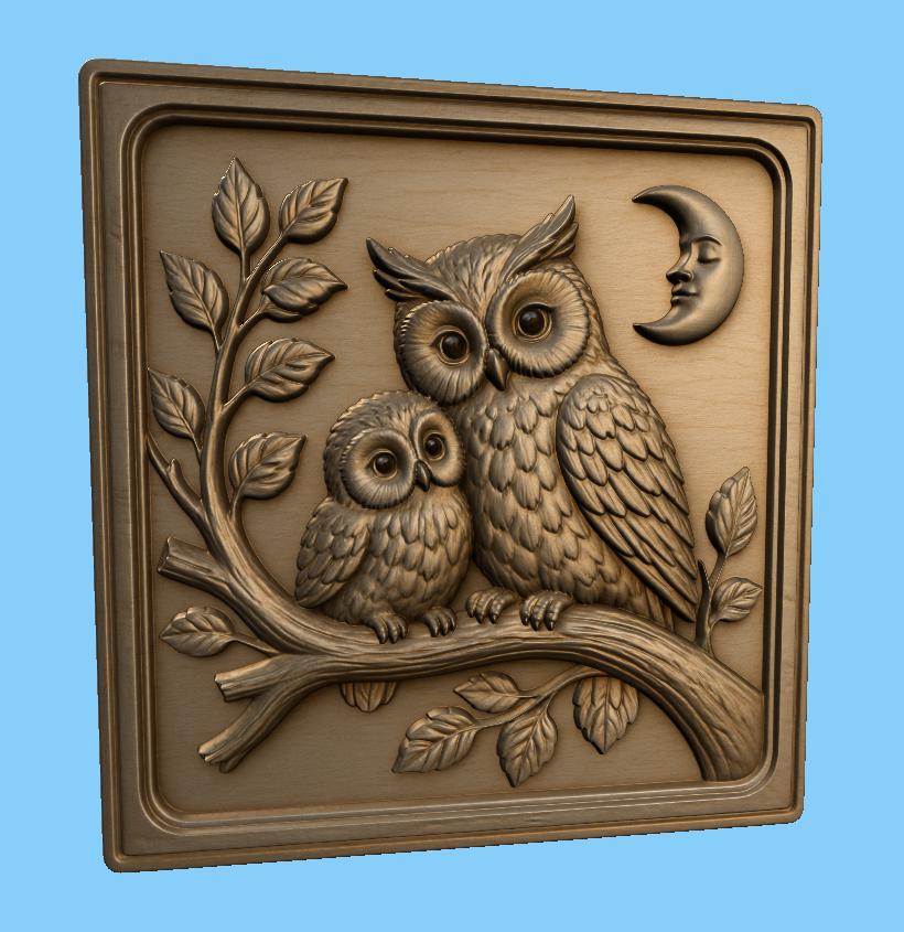 CNC & 3D-Reliefdruck Eulen auf Ast mit Mond, Eulen-Deko-Datei für Holzgravur, hochwertiges STL
