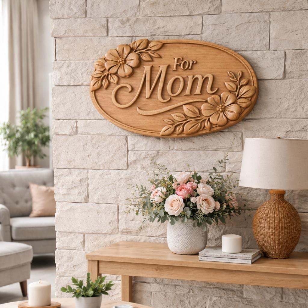Fichier CNC panneau maman floral – bas-relief bois pour cadeau fête des mères, décoration murale STL