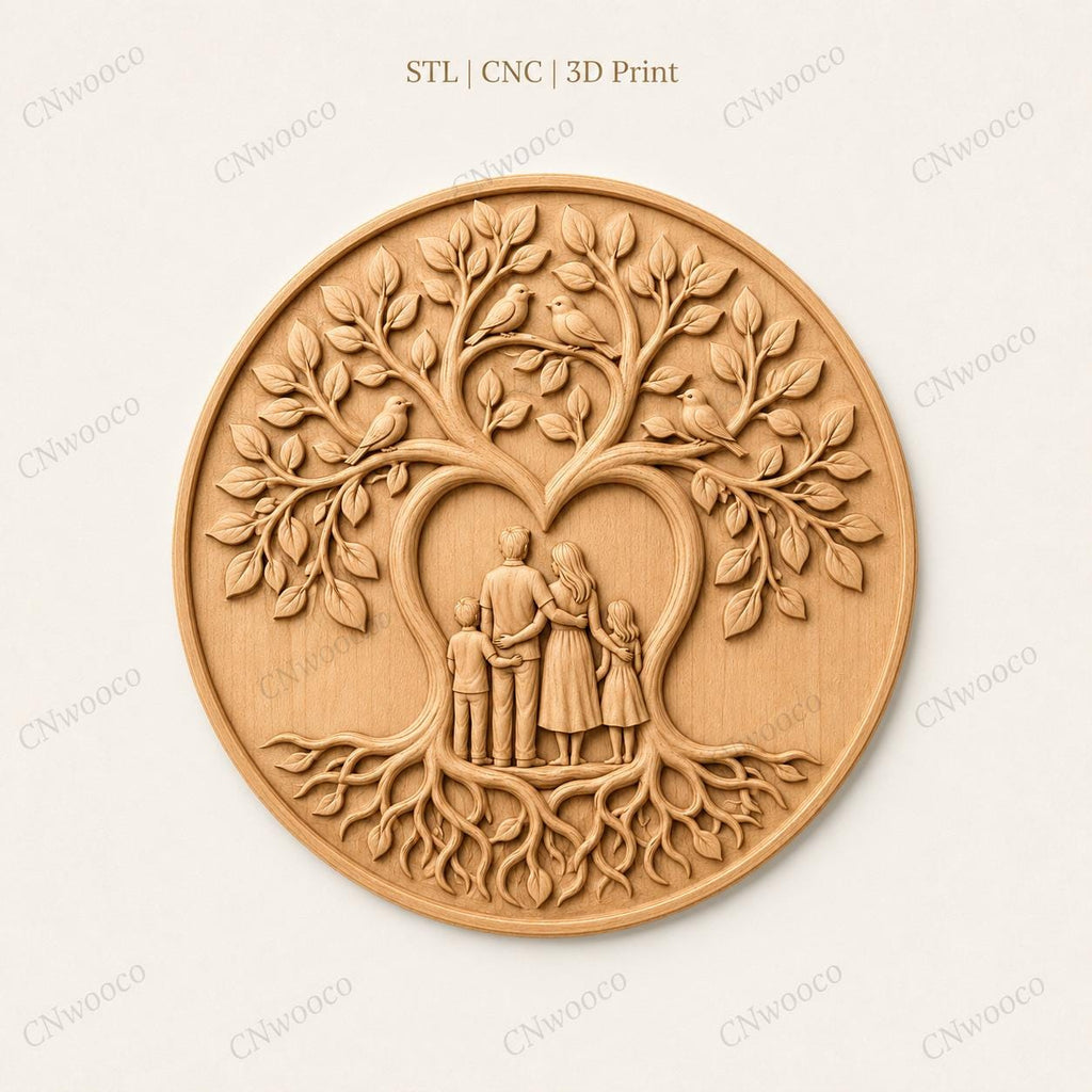 CNC & impression 3D relief arbre de vie familial avec parents et enfants, décoration famille pour gravure bois, STL de haute qualité