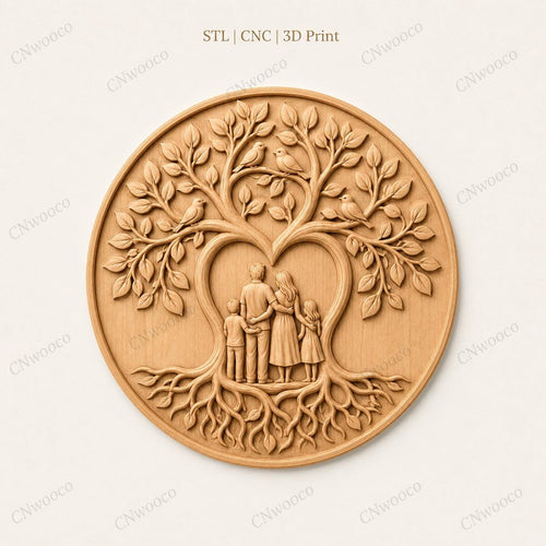 CNC & impression 3D relief arbre de vie familial avec parents et enfants, décoration famille pour gravure bois, STL de haute qualité