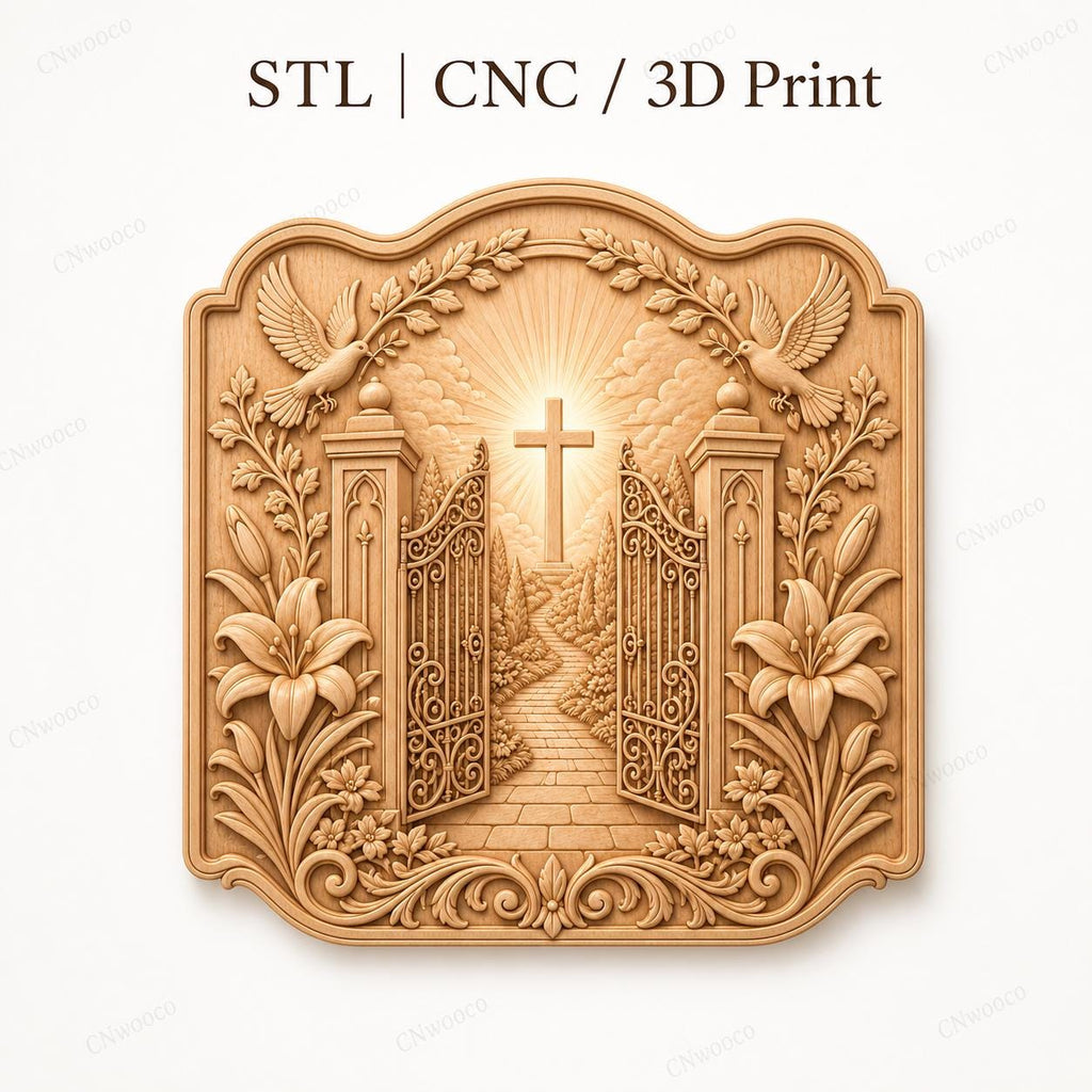 CNC & impression 3D relief portes du paradis avec croix et colombes, fichier STL très haute qualité