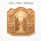 CNC & impression 3D relief portes du paradis avec croix et colombes, fichier STL très haute qualité