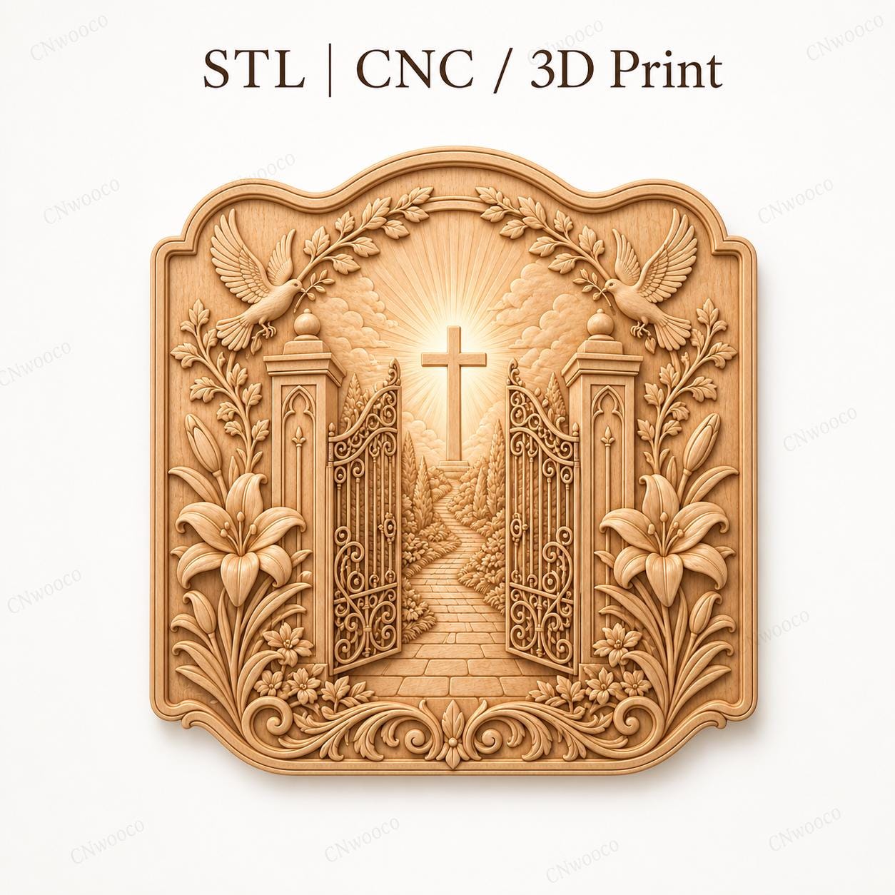 CNC & impression 3D relief portes du paradis avec croix et colombes, fichier STL très haute qualité